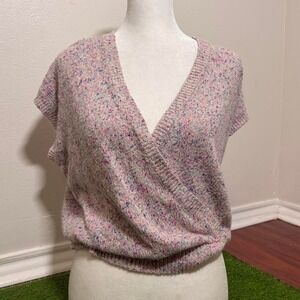 Vtg 90s Collage Womens L Cropped Wrap Blouse Silk/Linen Rabbit Hair Short Sleeve